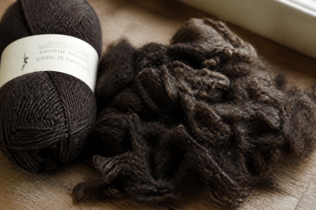 Close-up of raw Shetland fleece showing natural crimp, loft, and texture detail, arranged on a worn wooden surface under soft natural window light