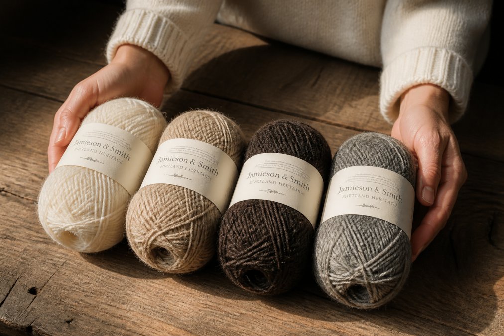 Hands holding several skeins of natural-colored Shetland wool yarn in undyed shades of white, fawn, moorit, and natural grey, arranged on a weathered wooden table in warm afternoon light