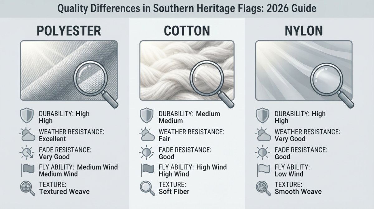 Close-up of three flag fabric samples showing polyester weave texture, cotton fiber detail, and nylon construction under natural sunlight, arranged side-by-side for comparison