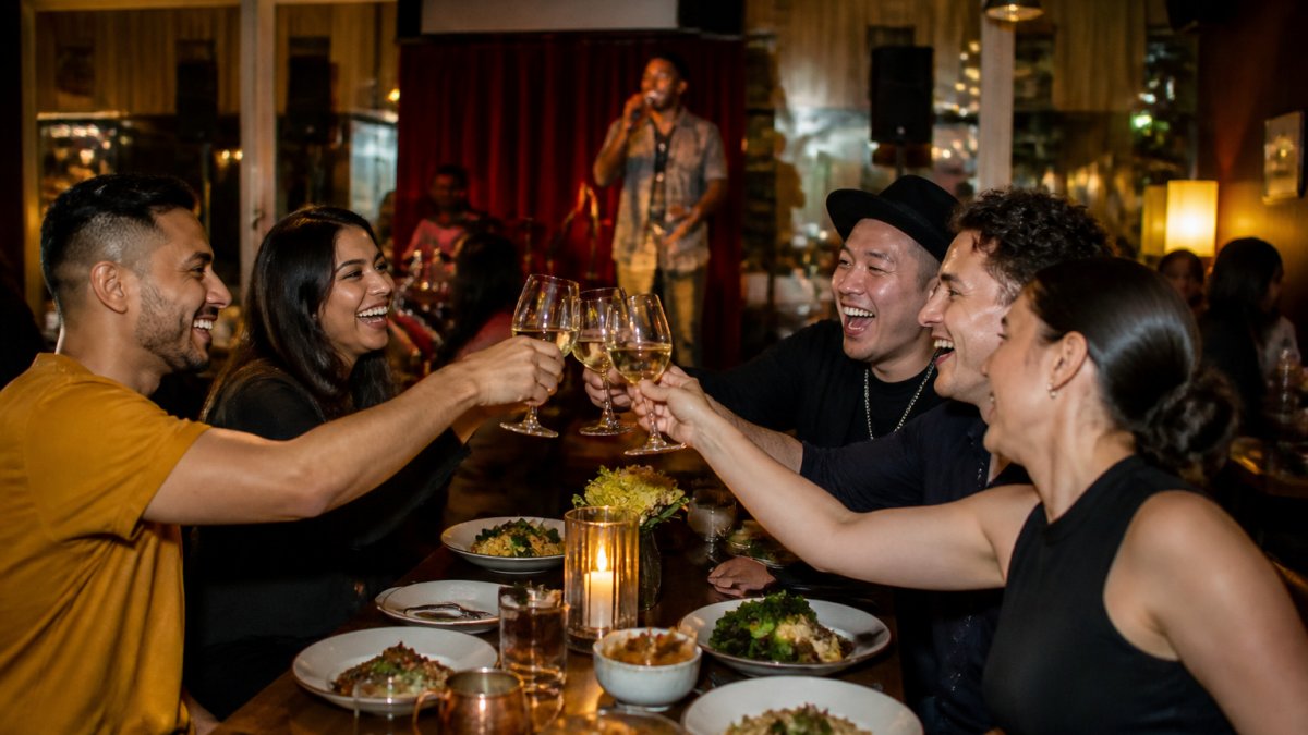 Friends enjoying dinner and drinks at a restaurant with a karaoke stage in West Hollywood