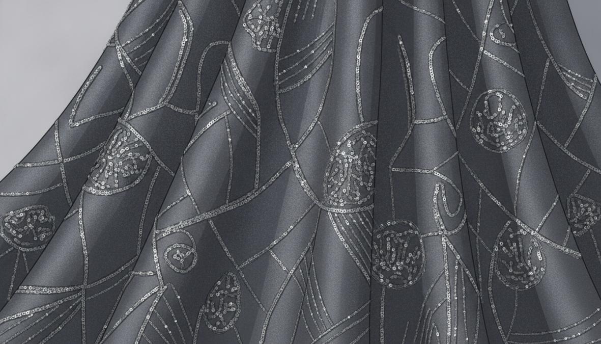 Close-up of premium sequined formal gown fabric showing intricate beadwork and metallic detailing under soft studio lighting, highlighting handcrafted embellishments