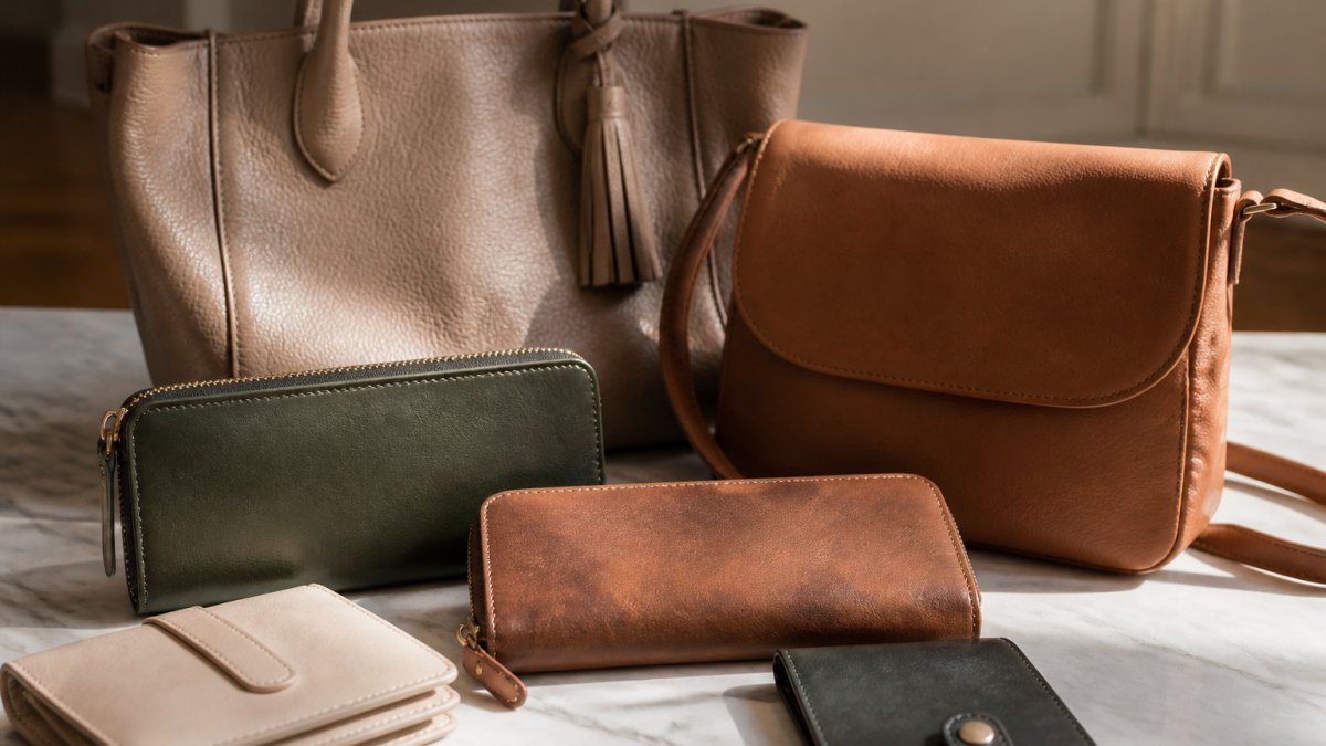 Close-up of luxury leather wallets and premium handbags arranged on a neutral marble surface, showcasing texture, stitching detail, and soft leather patina in natural daylight