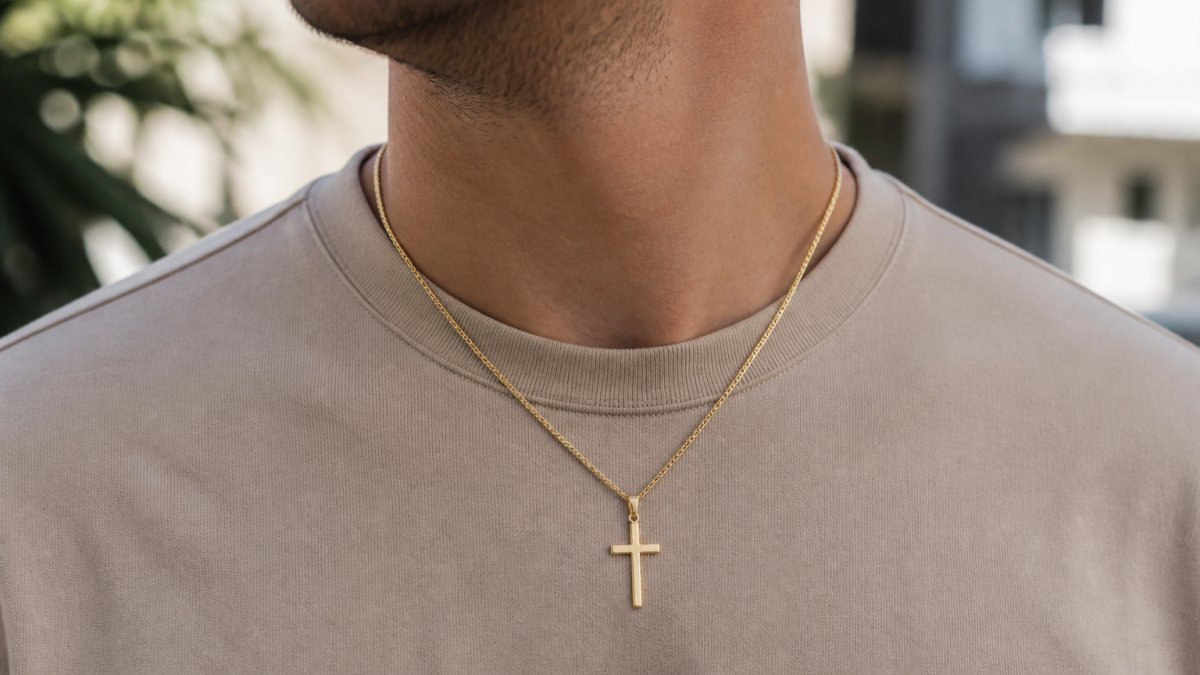 Close-up of a person's neck wearing a simple gold cross chain against a neutral shirt, soft natural light, everyday setting