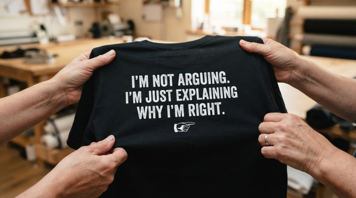 Close-up of hands holding a personalised black t-shirt with a humorous white print, showing the soft fabric texture and crisp print edges in warm natural light