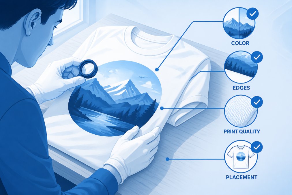 Close-up of a person inspecting a freshly printed custom t-shirt on a light wooden table, checking color accuracy and print edges under natural window light
