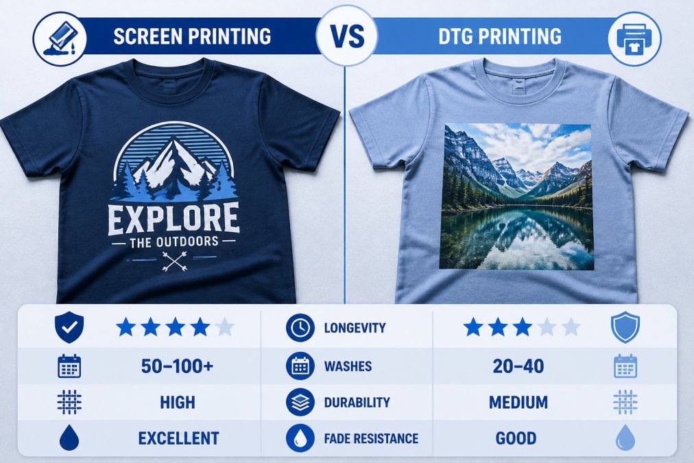 Side-by-side flat lay of two custom printed garments on a neutral background, one showing a bold screen-printed graphic and one showing a detailed DTG photographic print, both well-lit on a light grey surface