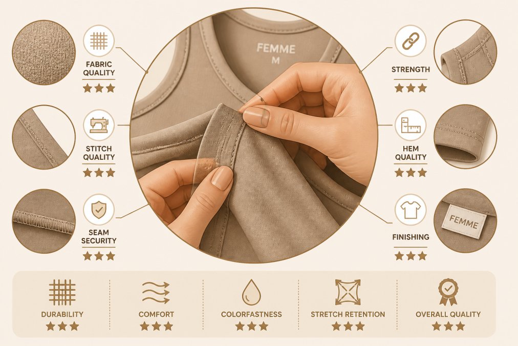 Close-up of hands examining fabric texture and stitching details on a high-quality garment, natural lighting showing seam quality and thread integrity