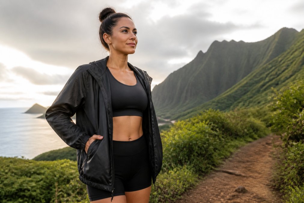 Woman in island-inspired apparel confidently wearing a quality piece outdoors in natural setting, conveying durability and timeless style that reflects personal strength and resilience