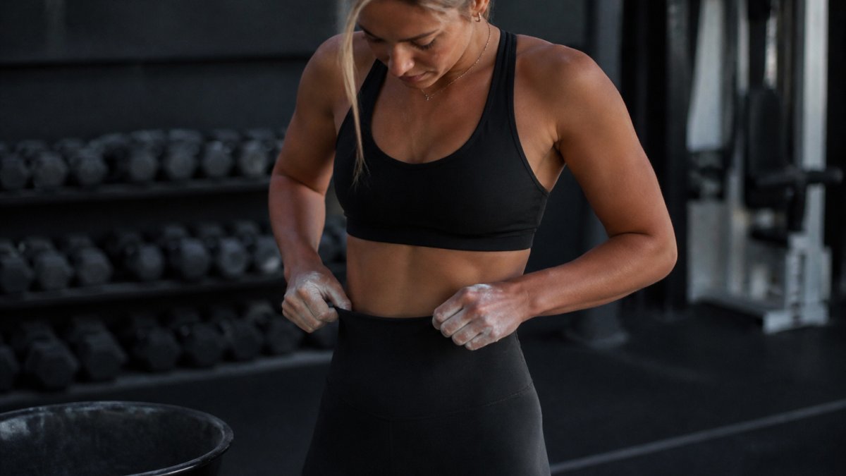 Lifter adjusting the high-waist band of durable athletic leggings in a dimly lit gym setting