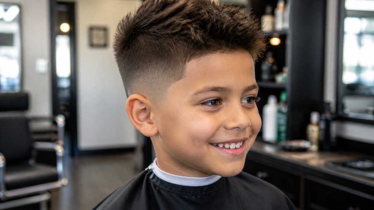 Young boy with a fresh modern fade and textured top, smiling in natural light, showing a contemporary trendy haircut style
