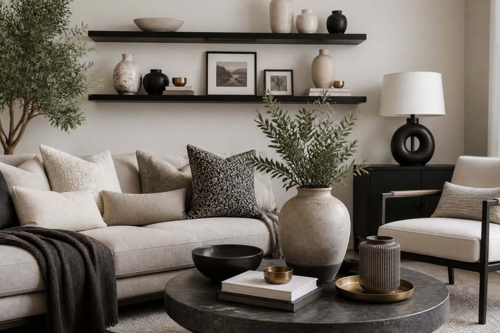 A styled living room with curated modern accessories including ceramic vases, throw pillows in neutral tones, a sculptural table lamp, and framed artwork arranged on shelves and surfaces, showing how pieces work together in a cohesive neutral palette with warm metallic accents