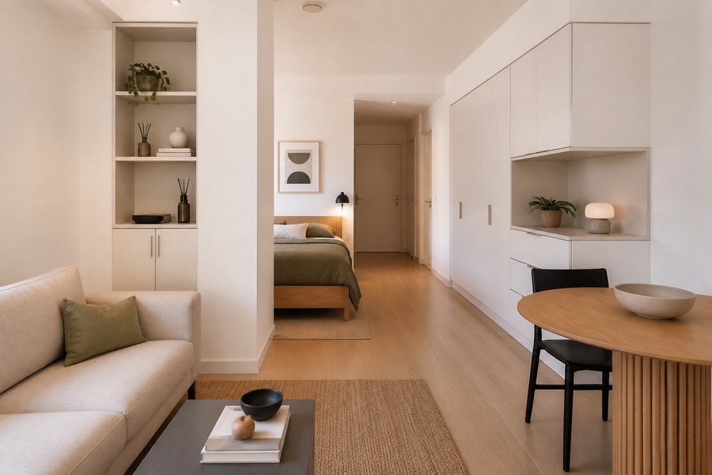 A compact studio apartment with smart storage solutions integrated into walls, minimal accessories on surfaces, and functional modern decor including a sculptural lamp and single framed artwork, maximizing the small space without visual clutter