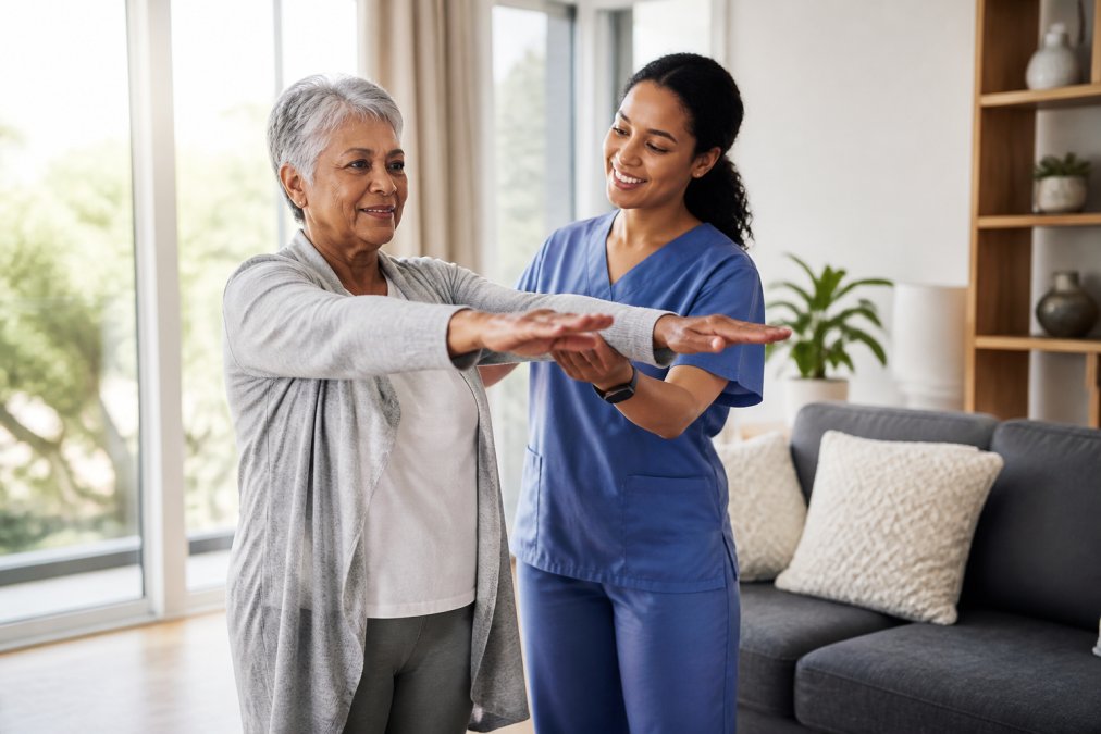 Professional caregiver assisting an elderly adult with mobility exercises as part of quality home care.