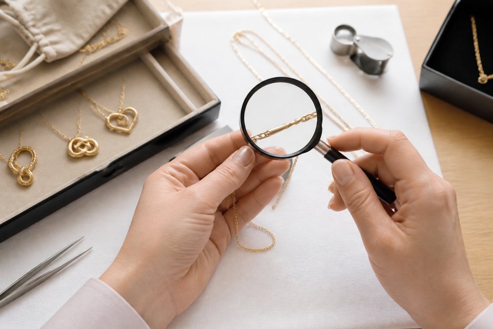 Close-up of hands holding a delicate gold necklace under bright natural light, examining hallmarks and purity stamps with a magnifying glass on a white jeweler's cloth