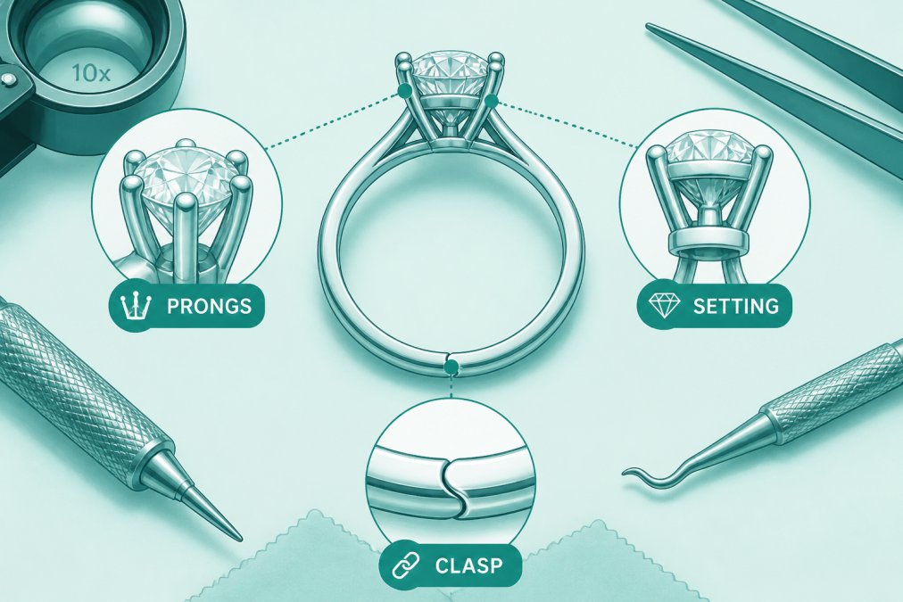 Detailed overhead shot of a diamond solitaire ring on a jeweler's workbench, showing the setting, prongs, and clasp construction with professional lighting and tools nearby