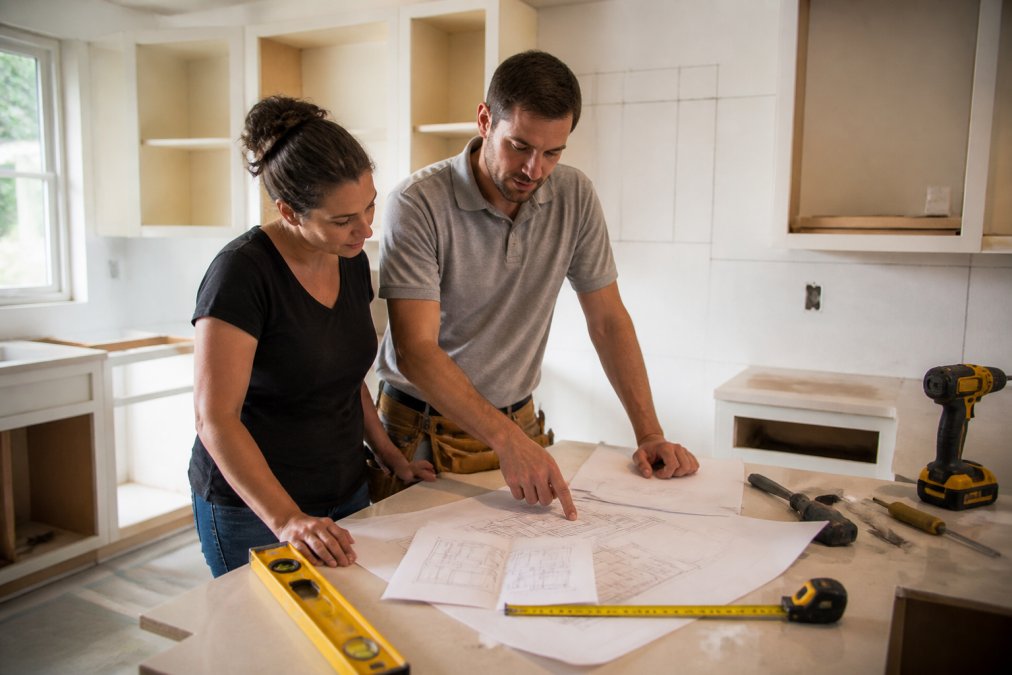 Contractor discussing kitchen cabinet installation plans and measurements with a homeowner in the kitchen