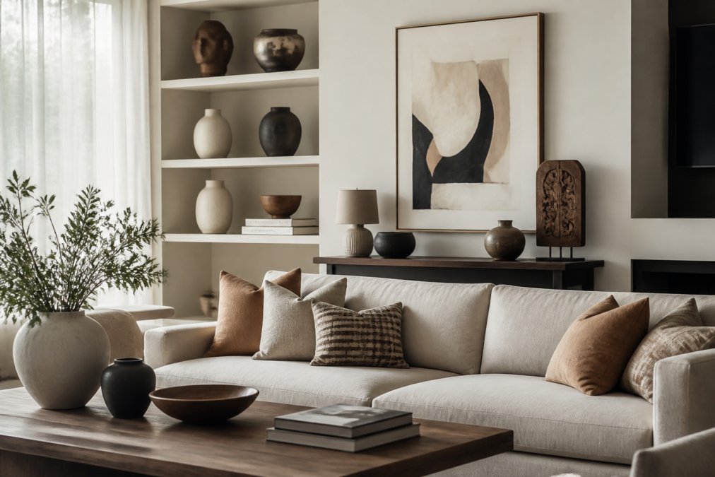Modern living room with carefully arranged wall art, ceramic vases, sculptural pieces, and decorative accents on shelves and surfaces, showing how quality lifestyle products work together to create an aesthetic, cohesive space