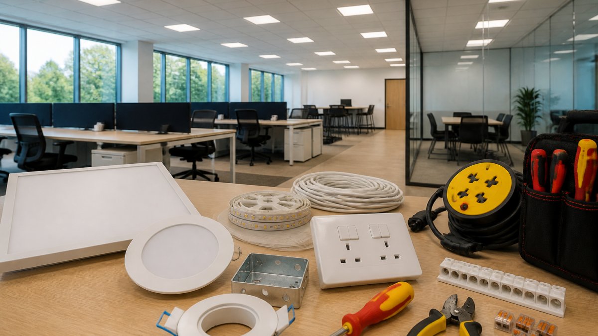 Modern commercial office space with recessed ceiling LED lights providing bright, even illumination across desks and meeting areas, natural daylight supplementing artificial lighting through large windows