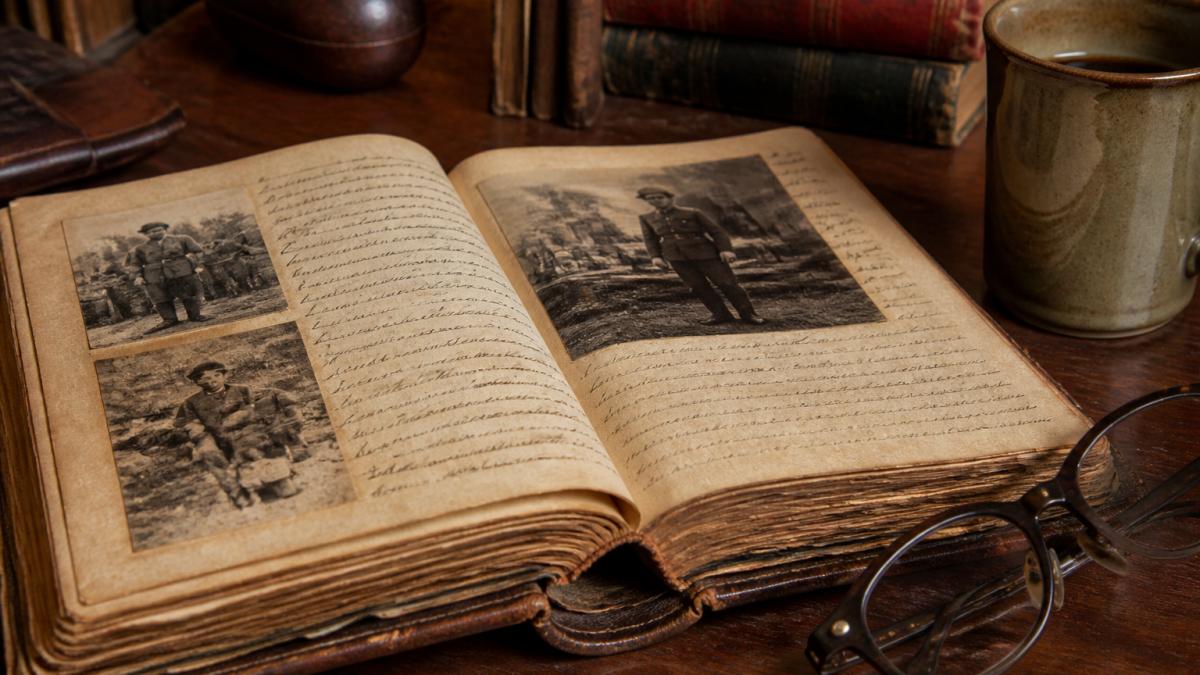 A worn leather-bound military memoir, glasses, and coffee on a desk, perfect for quality military history book collections.