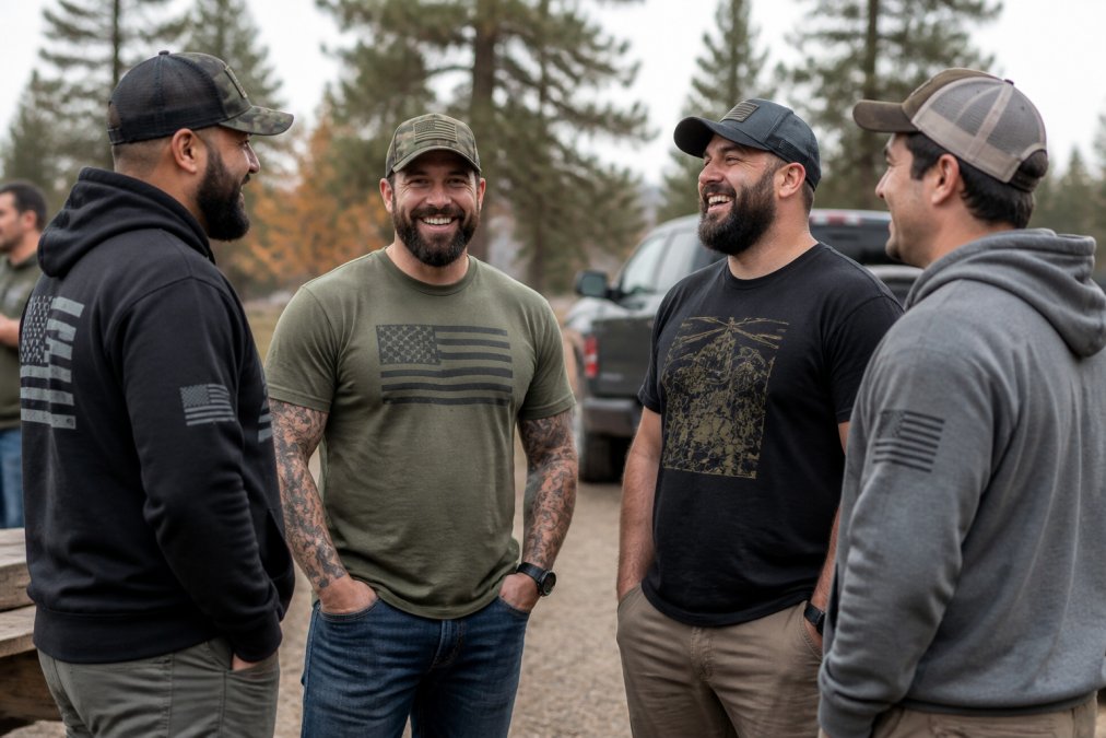 A group of friends wearing military-themed graphic tees and hoodies, standing outdoors in a casual setting, smiling and chatting
