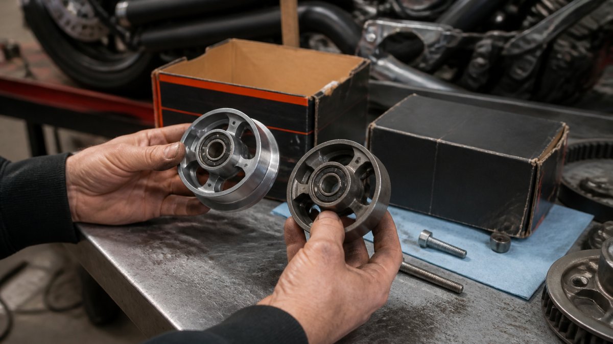 Close-up of a motorcycle mechanic's hands holding a genuine OEM part next to a counterfeit version, pointing out differences in packaging and finish on a workbench