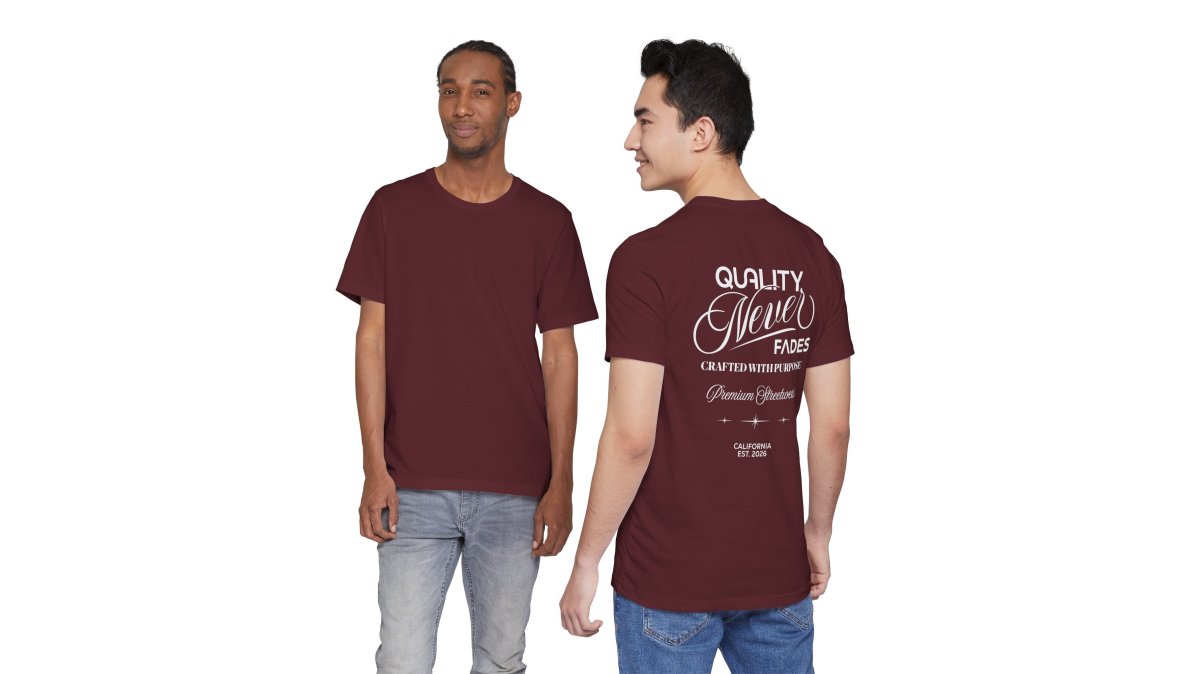 Quality Never Fades T-Shirt-Vintage Script Back Print, Premium Streetwear Unisex T-Shirt