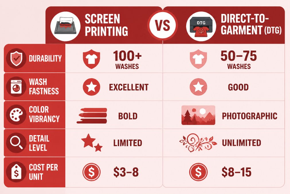 Comparison matrix showing Screen Printing vs Direct-to-Garment across durability (screen printing: 100+ washes, DTG: 50-75 washes), wash fastness (screen printing: excellent, DTG: good), color vibrancy (screen printing: bold, DTG: photographic), detail level (screen printing: limited, DTG: unlimited), and cost per unit (screen printing: $3-8, DTG: $8-15)