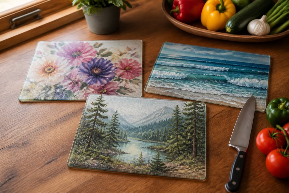 Overhead flat-lay of three tempered glass cutting boards with colorful sublimated designs on a warm wooden kitchen counter, a chef's knife and fresh vegetables nearby, soft natural window light