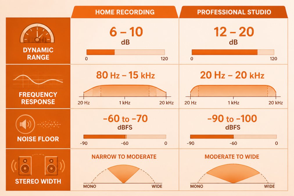 Comparison matrix of audio quality benchmarks showing dynamic range, frequency response, noise floor, and stereo width, with typical values for home recordings versus professional studio recordings