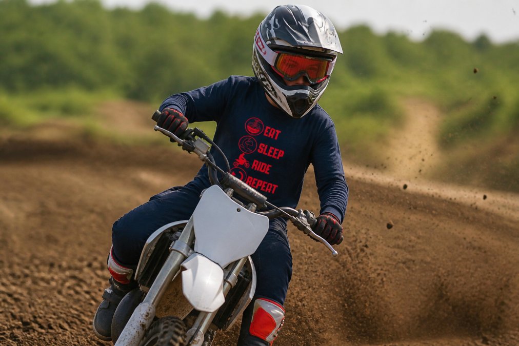 Young rider wearing complete motocross gear set including jersey, pants, gloves, and boots on a dirt track, showing proper fit and protective apparel in action with dust flying