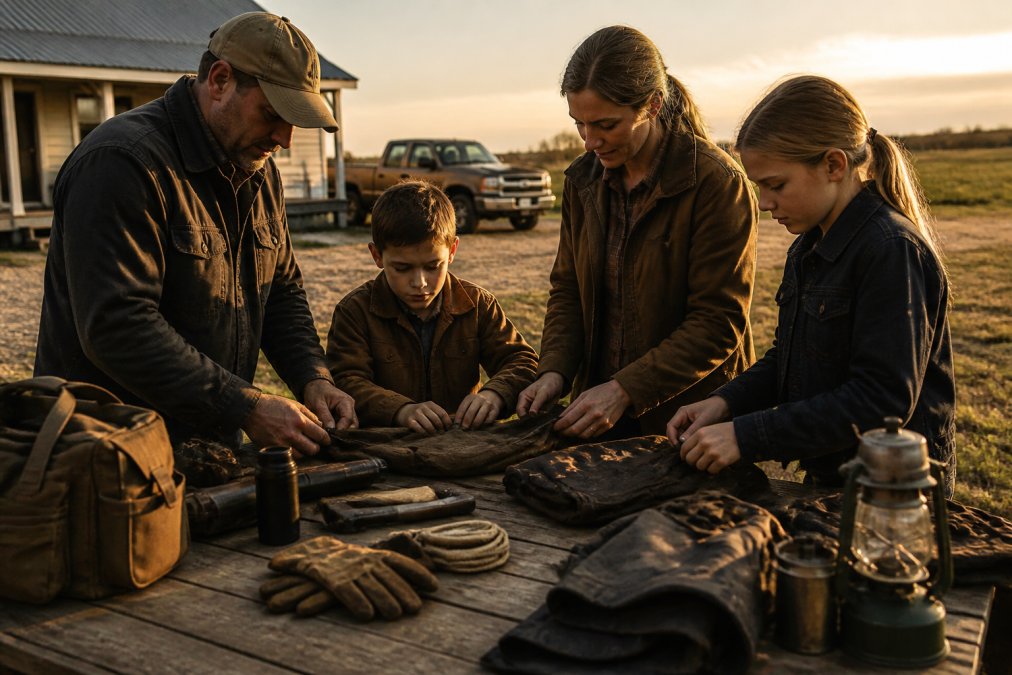 A Midwestern family in casual outdoor clothing working together outside a rural farmhouse at golden hour, with a pickup truck and open field in the background