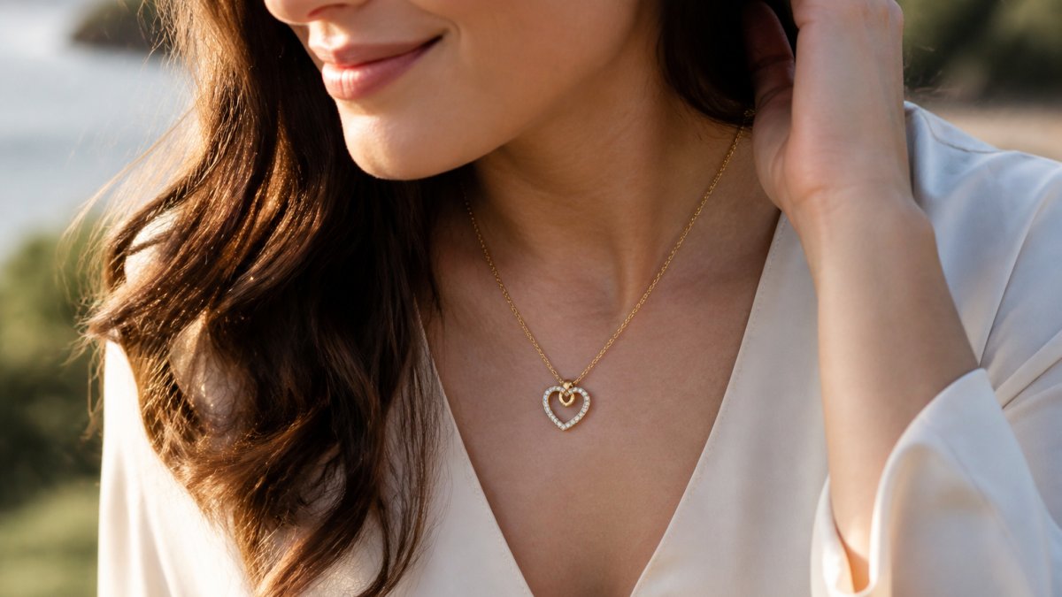 Woman wearing an elegant personalized gold heart necklace with cubic zirconia crystals, smiling softly in natural sunlight, the pendant catching light to show sparkle and detail
