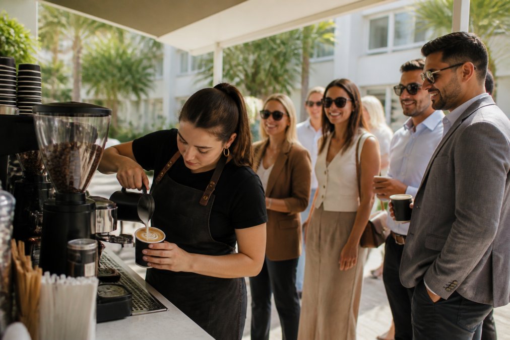 Professional barista crafting a specialty latte with intricate latte art at a branded mobile coffee cart during an outdoor corporate event, with engaged guests in business casual attire waiting in line and smiling, natural afternoon sunlight creating warm tones