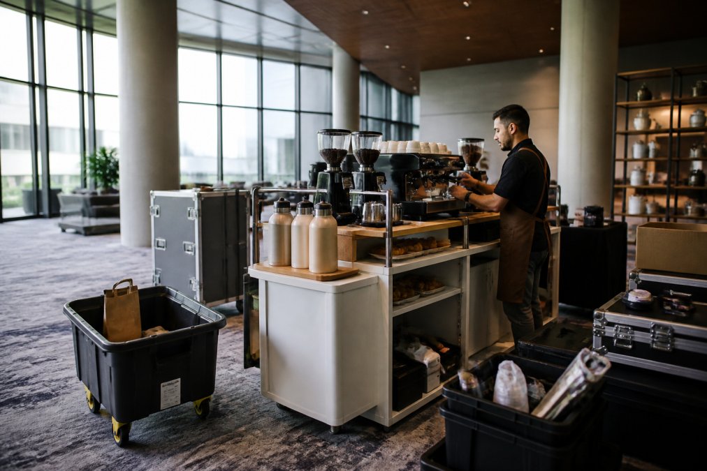 Fully set up premium mobile coffee cart in a modern corporate event space with professional espresso machines, multiple milk dispensers (whole, oat, and almond milk) clearly labeled and displayed, pastries arranged on shelves, and a barista in branded apron preparing a specialty drink for waiting attendees in professional attire