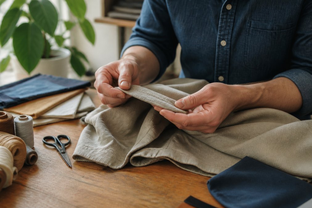 Hands carefully inspecting fabric texture and stitching details on a garment, examining seams and thread quality in natural daylight