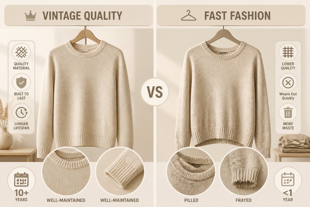 Side-by-side scene showing a well-maintained vintage quality garment displayed next to a visibly worn-out, pilled fast fashion piece, illustrating durability differences in natural lighting