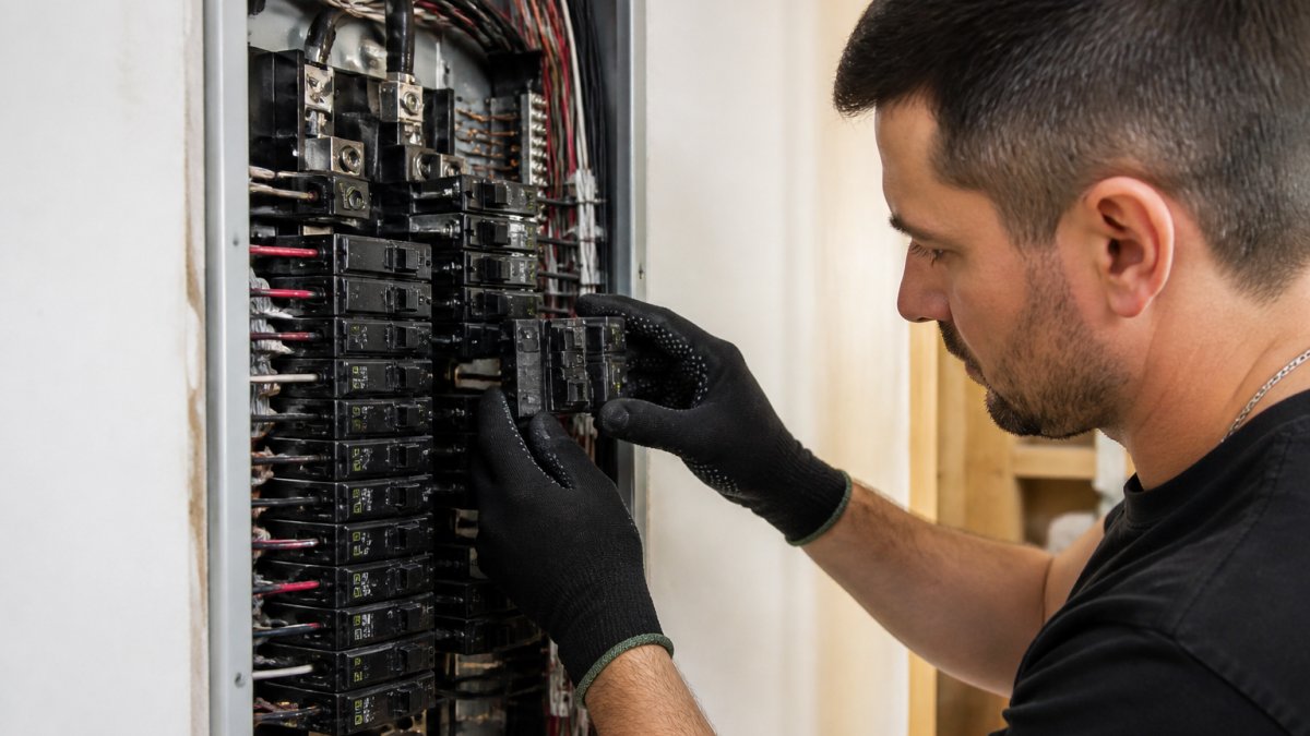 Professional electrician installing circuit breaker into electrical panel with proper alignment, showing organized wiring and clear labeling system in well-lit residential setting