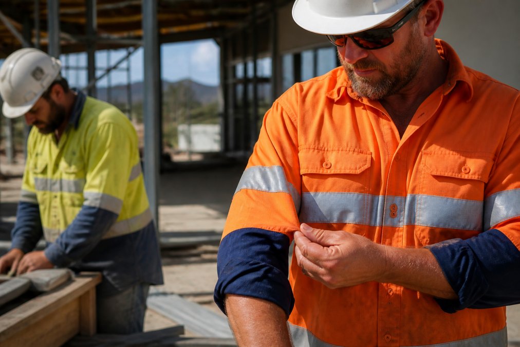 A construction site supervisor in high-visibility orange workwear inspecting the reinforced stitching on a work shirt sleeve, with a colleague in worn, faded high-vis gear working in the background