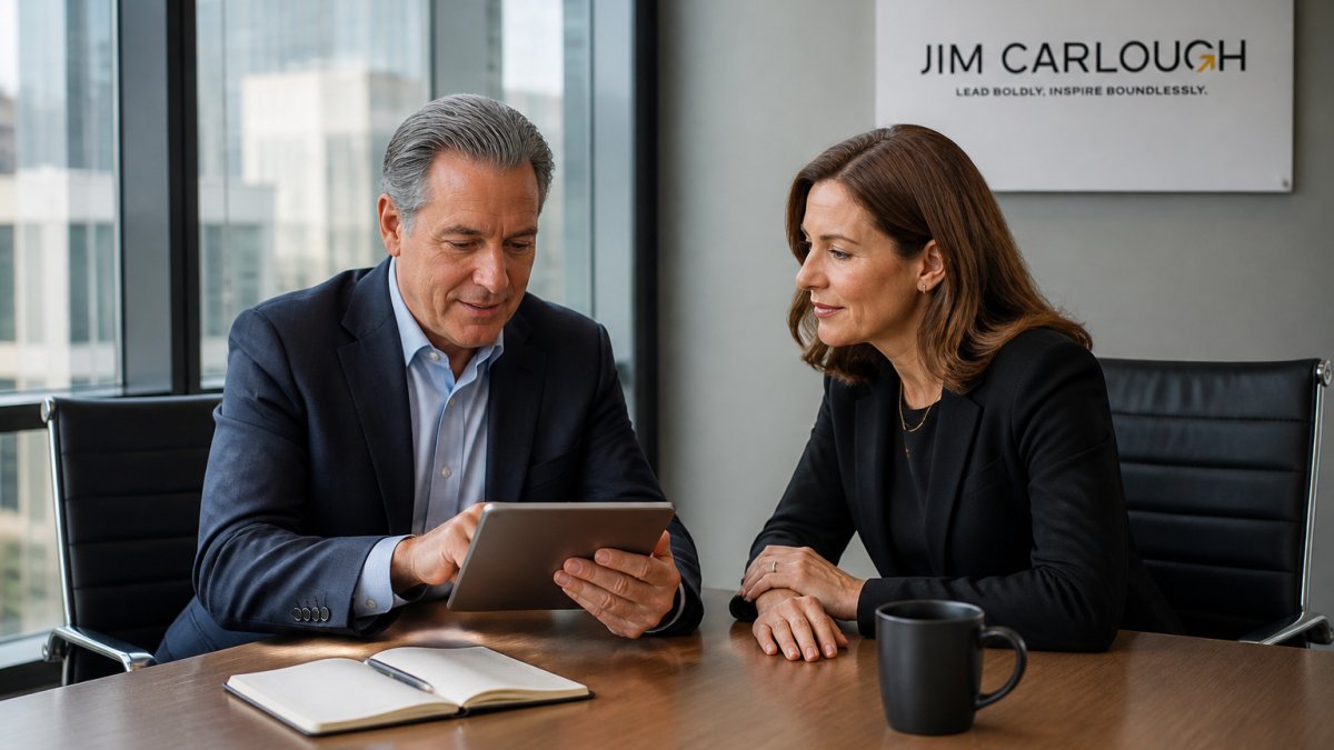 Executive and coach reviewing 360-degree feedback on a tablet while quantifying soft skills in a meeting room.