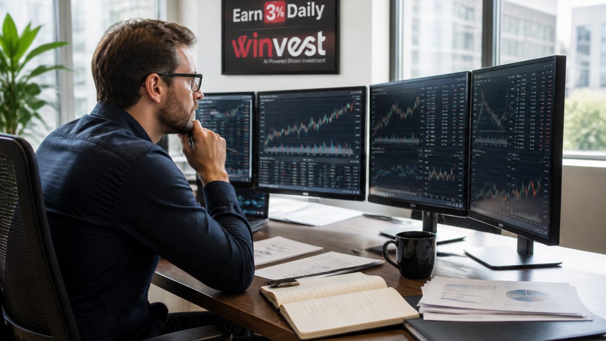 Professional investor reviewing trading data and performance metrics on multiple monitors in modern office environment with natural lighting