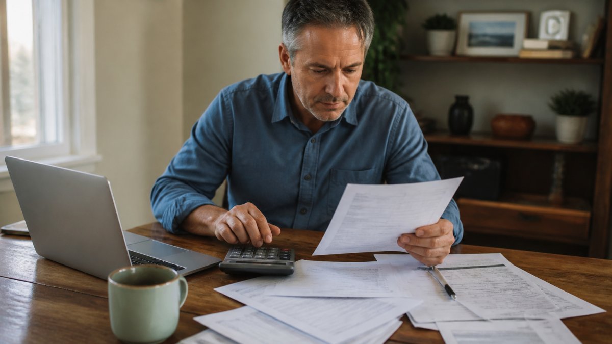 A small business owner at a wooden desk reviewing tax documents and a calculator, with a laptop open to a spreadsheet and a coffee mug nearby