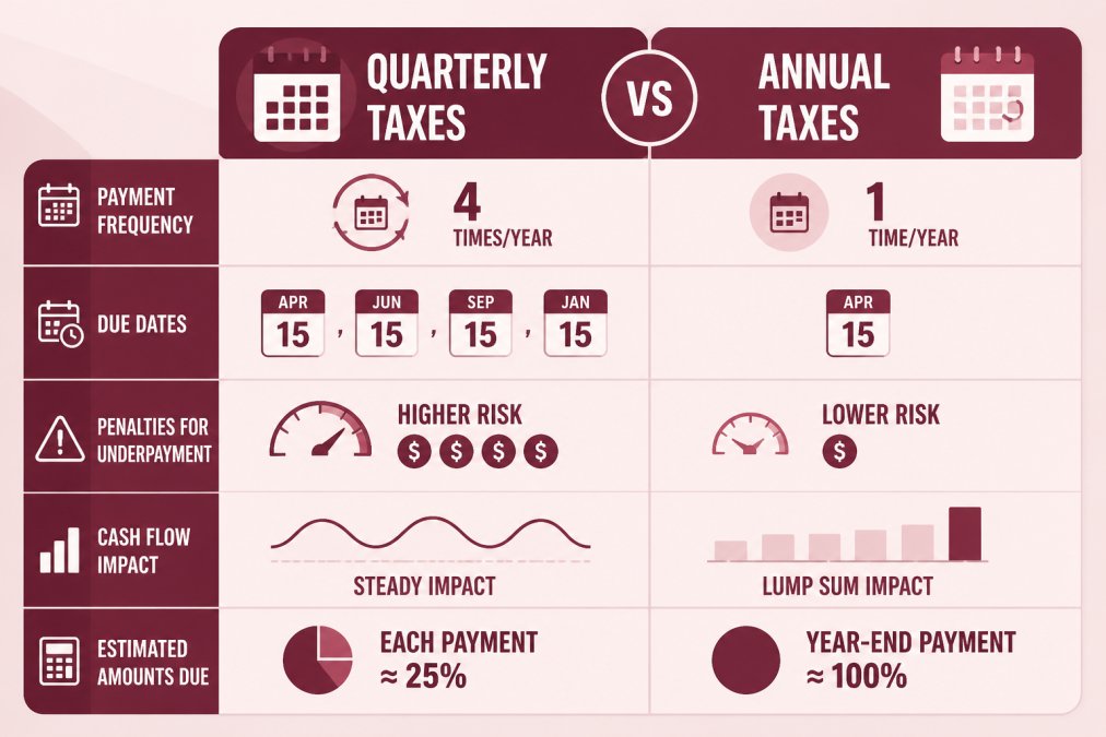 Comparison matrix showing quarterly taxes vs annual taxes: payment frequency (4 times/year vs 1 time), due dates (Apr 15, Jun 15, Sep 15, Jan 15 vs Apr 15), penalties for underpayment, cash flow impact, and estimated amounts due