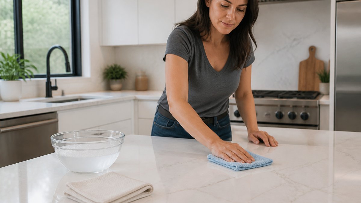 A homeowner in a bright modern kitchen gently wiping a white quartz countertop with a microfiber cloth, a bowl of warm soapy water and a second dry towel on the island beside her
