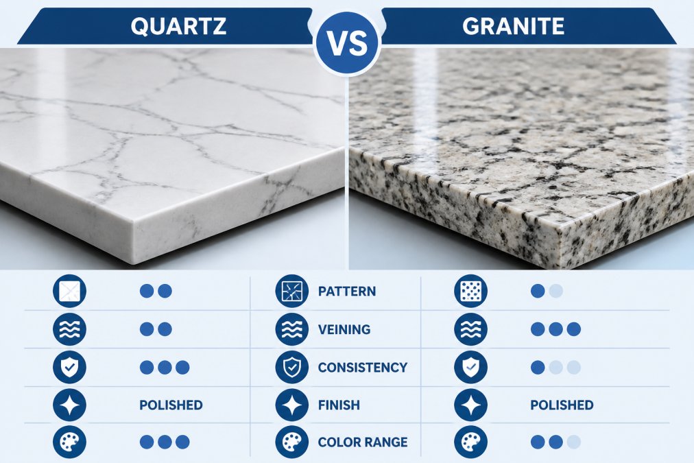 Infographic comparing quartz vs granite countertops by surface texture, veining patterns, and finish differences.