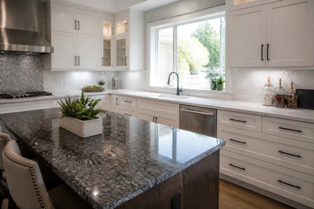 A modern DFW kitchen with an island topped by polished dark granite and perimeter cabinets topped by light veined quartz, showing the visual contrast under bright natural light