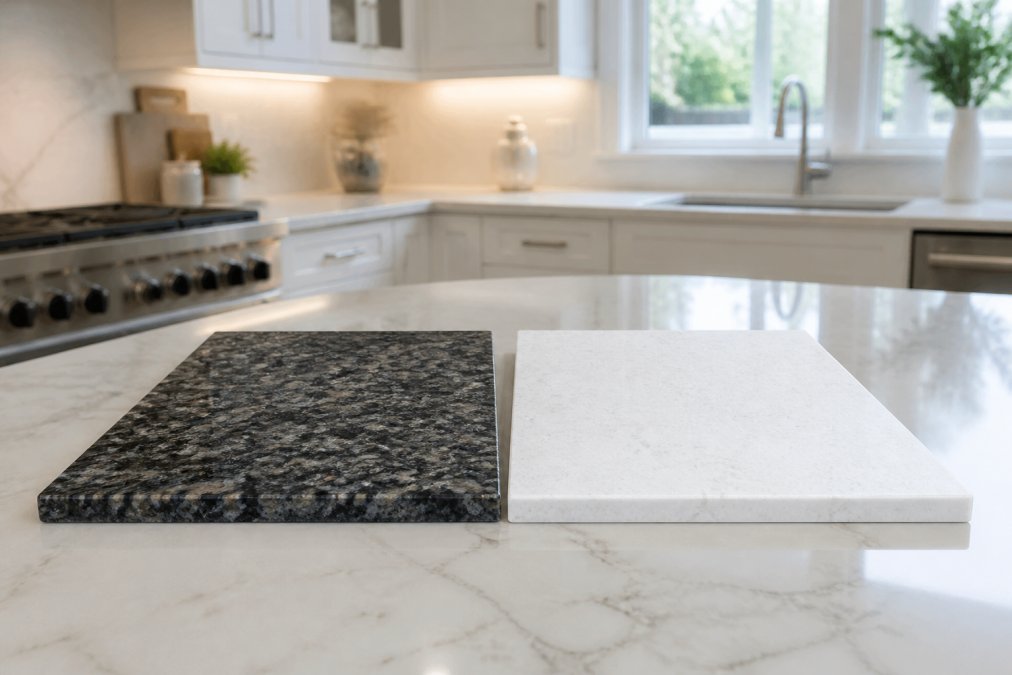 A bright modern kitchen with two countertop samples side by side on a kitchen island, one dark granite slab with natural veining and one white quartz slab, natural light from a window, no people