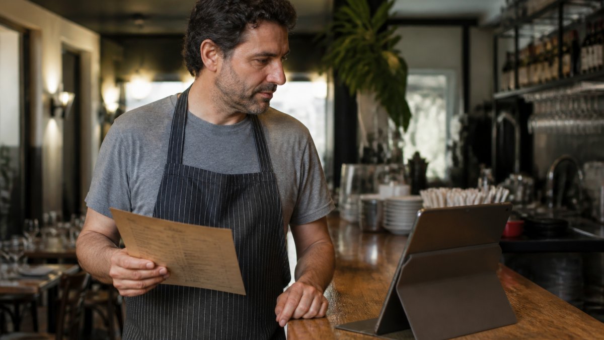 Dueño de un restaurante pequeño sosteniendo su menú impreso en la mano mientras mira la pantalla de una tableta sobre el mostrador del local, con la barra y las mesas desenfocadas al fondo