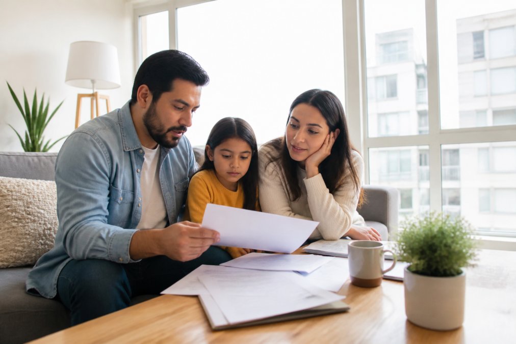 Familia revisando documentos de su seguro de inquilino mientras usan una laptop en un apartamento luminoso.