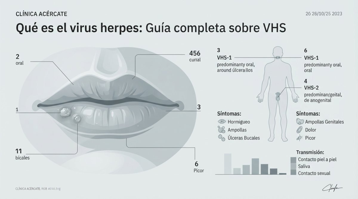 Infografía detallada sobre los síntomas del virus herpes en labios mostrando el proceso de formación de una ampolla.