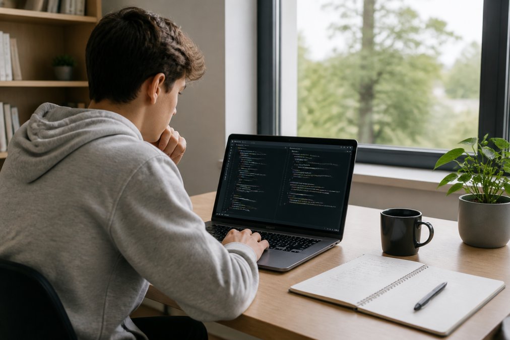 Persona trabajando en un portátil con código de python o javascript en pantalla, café y cuaderno en el escritorio.